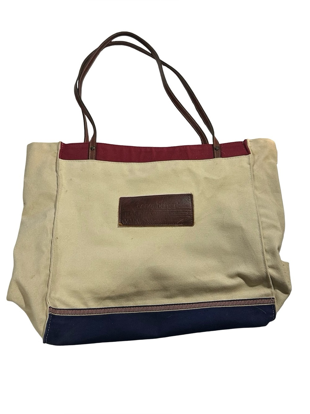 Longaberger Canvas Tote Bag Pouch Lot Vintage Beige Navy Red Handbag 3 Piece Set